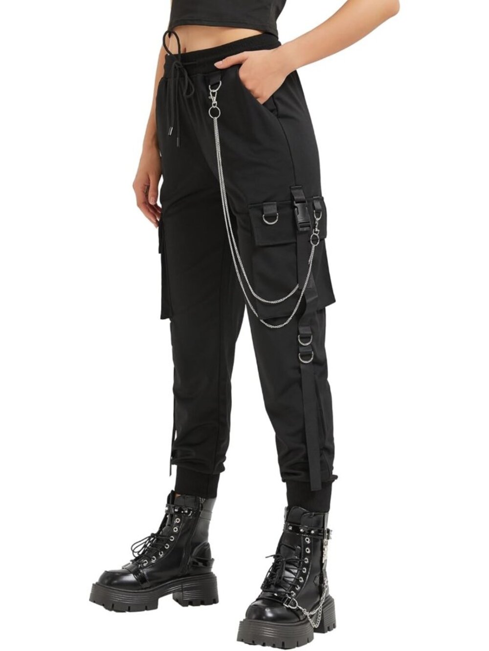 Trendy Black Cargo Pants for Women | Loose Techwear Street Style with Chain